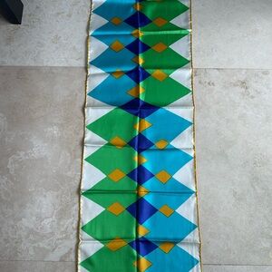 Vintage 1990’s Vera Scarf Geometric Diamond Print Blue & Green with Gold Accents
